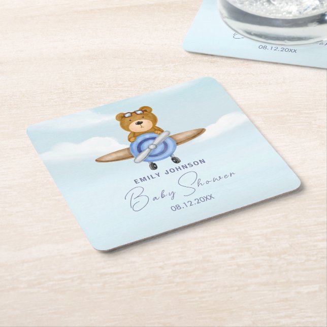 Airplane Teddy Bear  Square Paper Coaster (Angled)