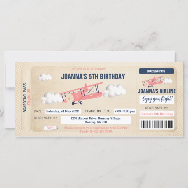 Airplane Ticket Birthday Invitation for a Girl (Front)