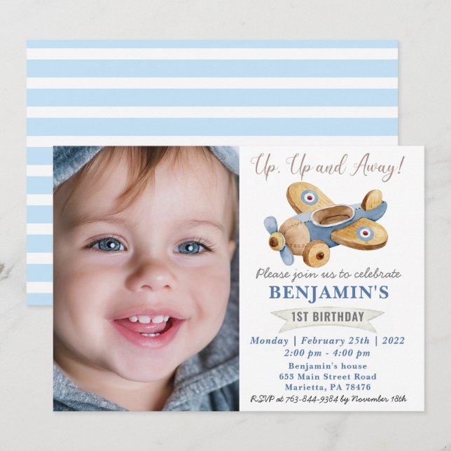 Airplane Toy 1st Birthday with Your Photo Invitation (Front/Back)