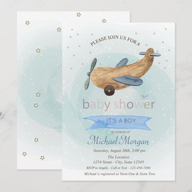 Airplane Toy,Stars Presents Blue Baby Shower  Invitation (Front/Back)