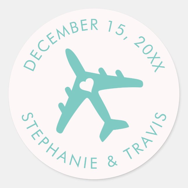 Airplane Travel Destination Wedding Save the Date Classic Round Sticker (Front)