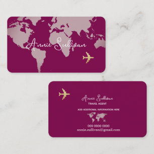 Airplane Travel World Map on Wine Colour Business Card