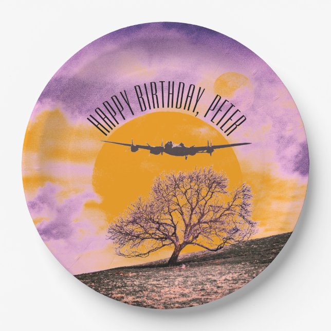 Airplane Tree Binary Sunset Text Paper Plate (Front)