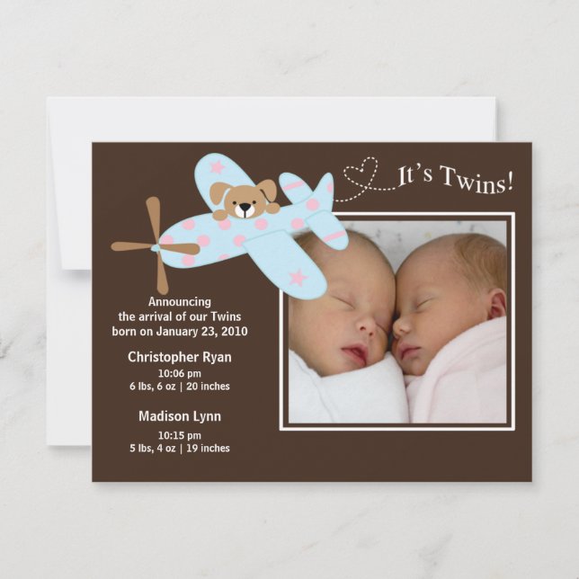 Airplane Twins Girl & Boy Birth Annoucement Announcement (Front)