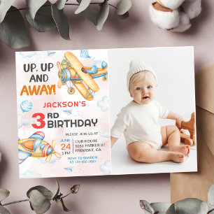 Airplane Up & Away 3rd Birthday Party Photo Invitation