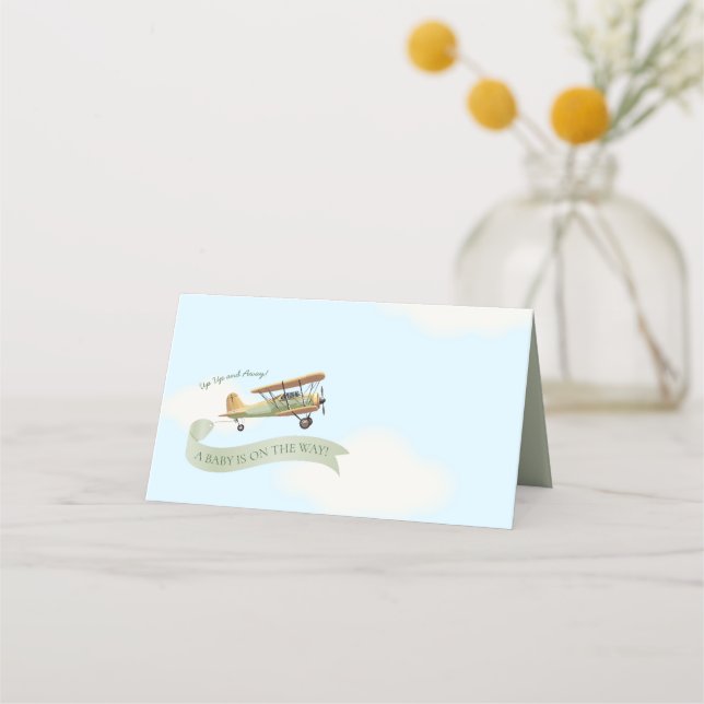Airplane Vintage Baby Shower Place Card (Front)