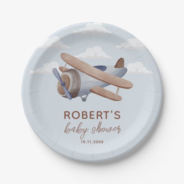 Airplane Vintage Travel Baby shower Paper Plate (Front)