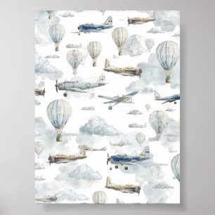 Airplane Wall Art, Vintage Nursery Decor, Blue Poster