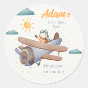 Airplane Watercolor 6th birthday round Sticker