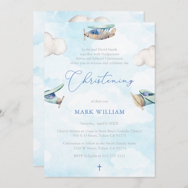 Airplane Whimsical Watercolor Christening Party Invitation (Front/Back)