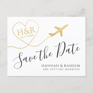 Airplane with Heart Destination Wedding Save Date Announcement Postcard