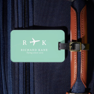 Airplane With His Initials - teal blue Luggage Tag