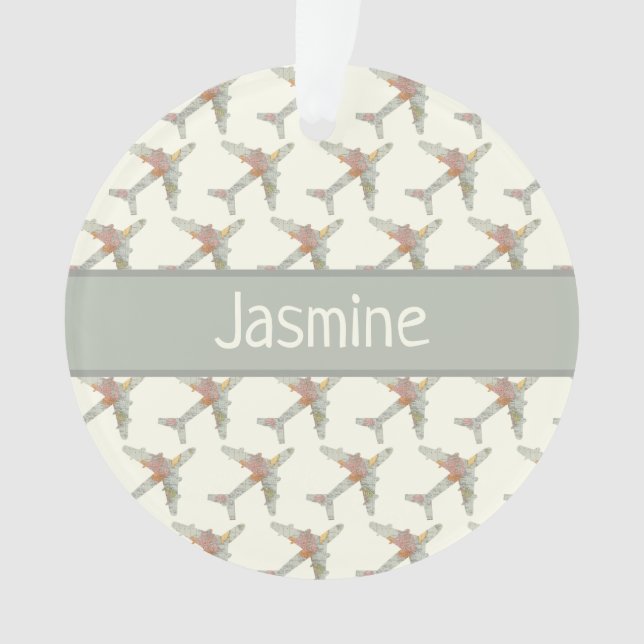 Airplane world map custom name ornament (Front)