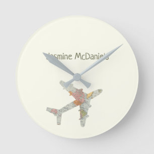 Airplane world map custom name round clock