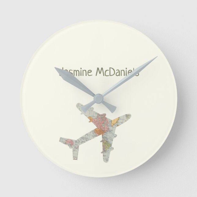 Airplane world map custom name round clock (Front)