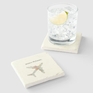 Airplane world map custom name stone coaster