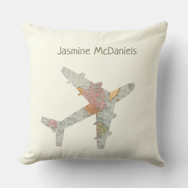 Airplane world map custom name throw pillow (Front)