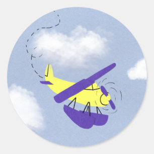 Airplane Yellow and Blue Cartoon Art Classic Round Sticker