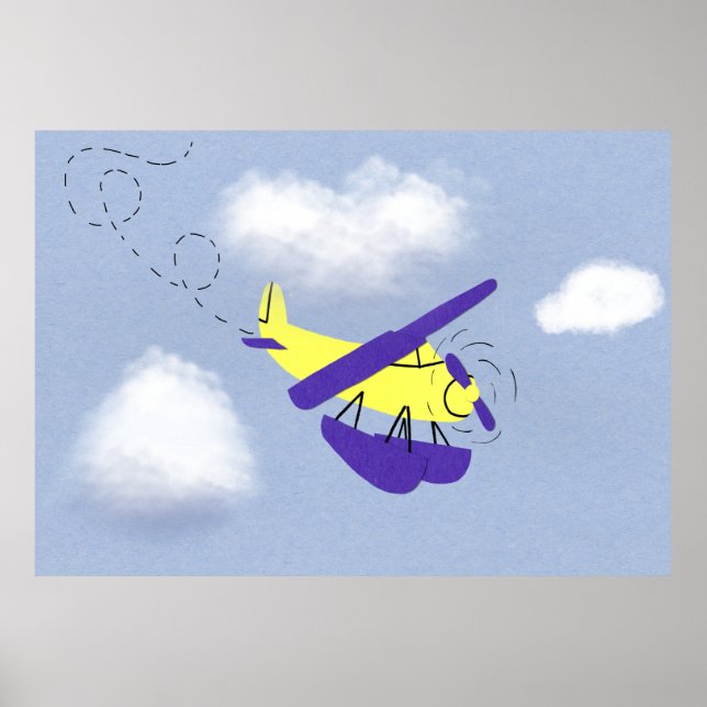 Airplane Yellow and Blue Cartoon Art Poster (Front)