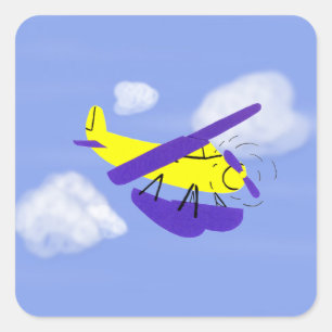 Airplane Yellow and Blue Cartoon Art Square Sticker