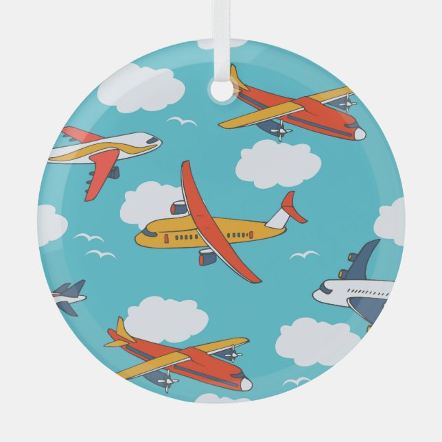 Airplanes and clouds, seamless children's backgrou glass ornament (Front)