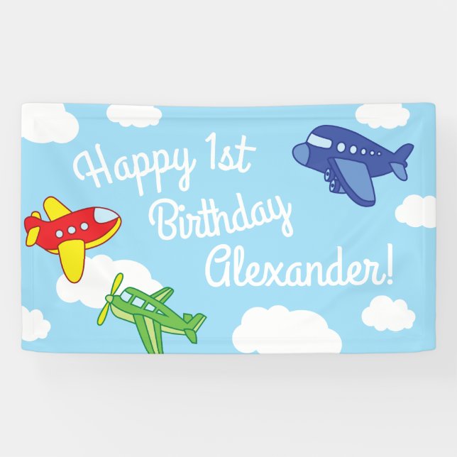 Airplanes and Jets Cute 1st Birthday Party Banner (Horizontal)