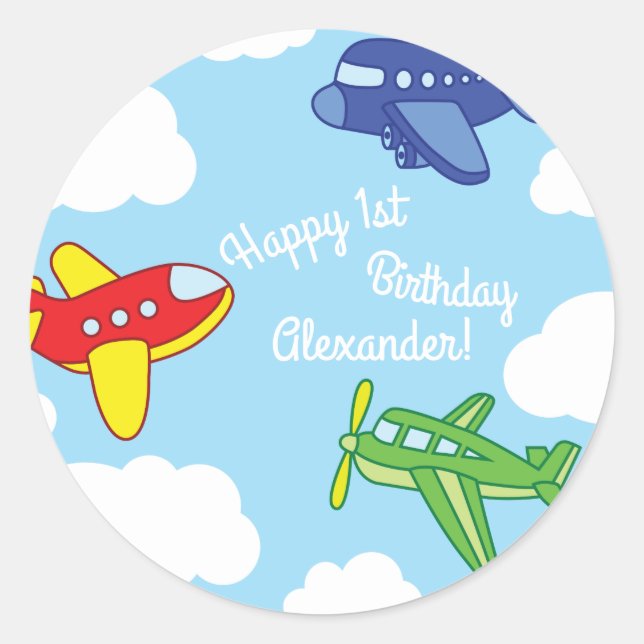 Airplanes and Jets Cute 1st Birthday Party Classic Round Sticker (Front)