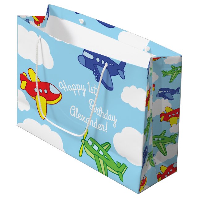 Airplanes and Jets Cute 1st Birthday Party Large Gift Bag (Front Angled)