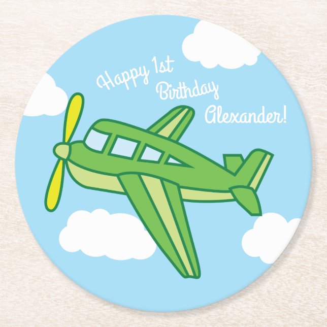 Airplanes and Jets Cute 1st Birthday Party Round Paper Coaster (Front)