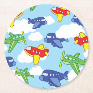 Airplanes and Jets Cute 1st Birthday Party Round Paper Coaster