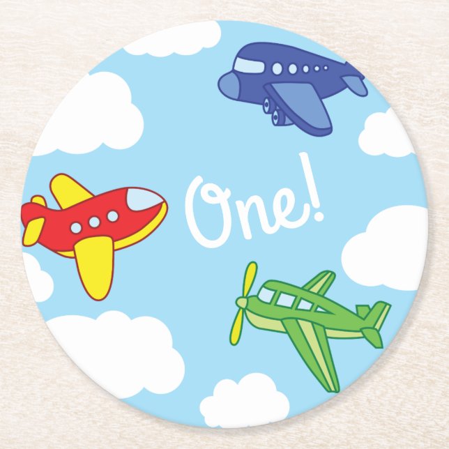 Airplanes and Jets Cute Kid's Birthday Party Round Paper Coaster (Front)