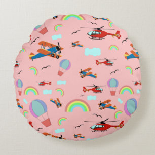 Airplanes and Rainbows Pink Round Pillow