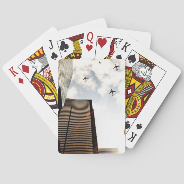 Airplanes flying over buildings playing cards (Back)