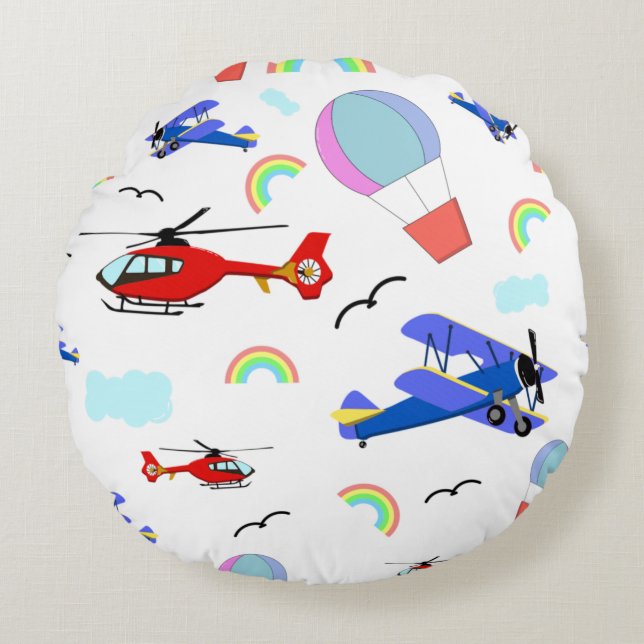 Airplanes, Helicopters, & Balloons Round Pillow (Front)