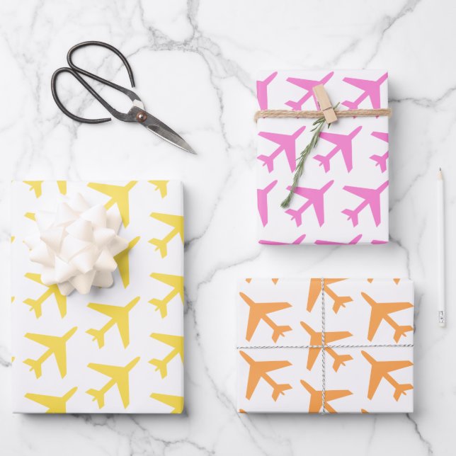 Airplanes Orange Yellow Pink Travel Pilot Fun Wrapping Paper Sheet (Front)