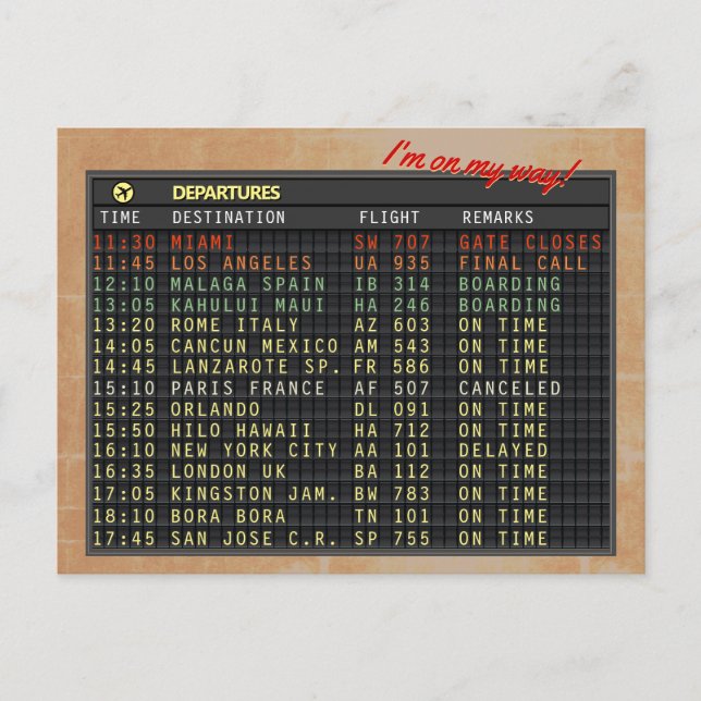 Airport Board Postcard (all text customizable!) (Front)