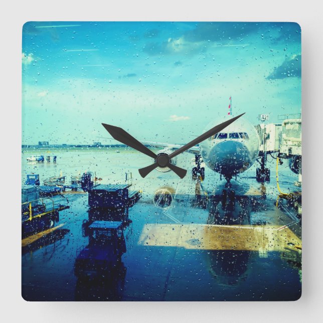 Airport in Rain Square Wall Clock (Front)