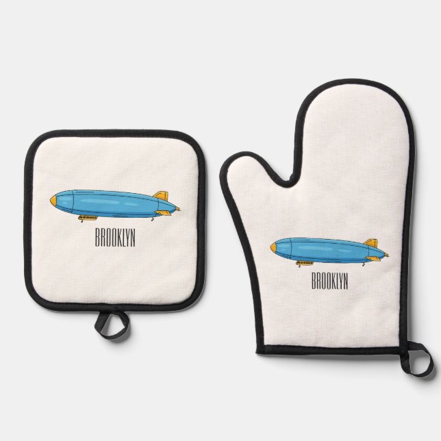 Airship cartoon illustration oven mitt & pot holder set (Front)