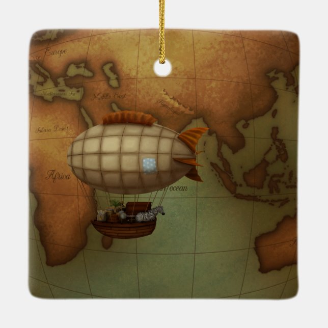 Airship Flying Over Eastern Hemisphere Map Ceramic Ornament (Back)