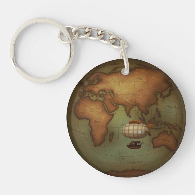 Airship Flying Over Eastern Hemisphere Map Custom Keychain (Front)