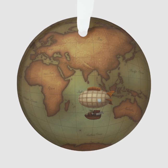 Airship Flying Over Eastern Hemisphere Map Custom Ornament (Front)