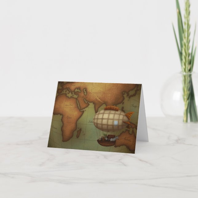 Airship Flying Over Eastern Hemisphere Map Note Card (Front)