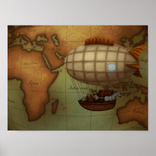 Airship on Expedition Over Eastern Hemisphere Map  Poster