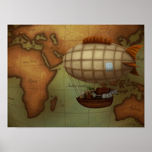 Airship on Expedition Over Eastern Hemisphere Map  Poster (Front)
