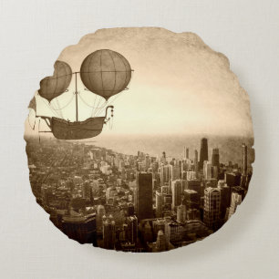 Airship Over Chicago Round Pillow