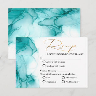  Airy Blue Turquoise Watercolor teal gold wedding RSVP Card
