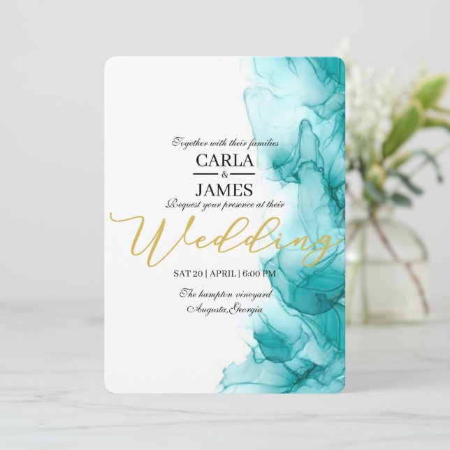 Airy Blue Turquoise Watercolor Wedding Modern Invitation (Standing Front)