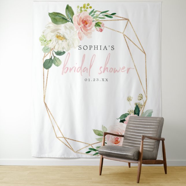 Airy Blush Bridal Shower Backdrop Photo Booth Tapestry (In Situ)