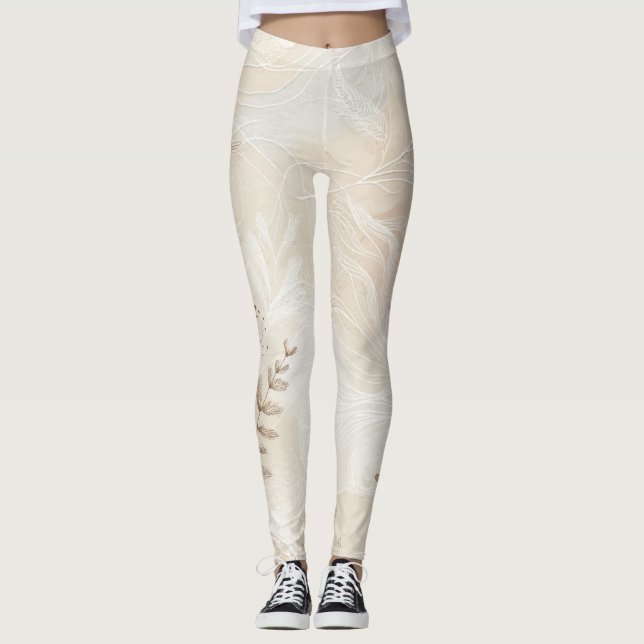 Airy Bohemian Botanical Floral String Art Design Leggings (Front)