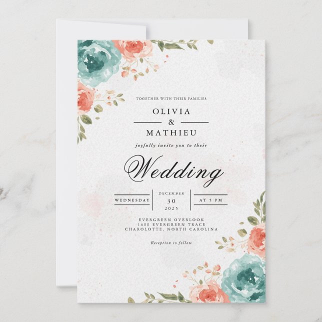 Airy Coral Teal Floral Arch Wedding Invitation (Front)
